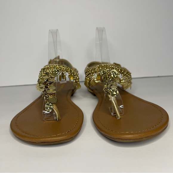 Rampage Jiffy Gold‎ Metal Charm Flat Sandal Thong Toe ankle strap Women's 9.5 - Picture 2 of 13